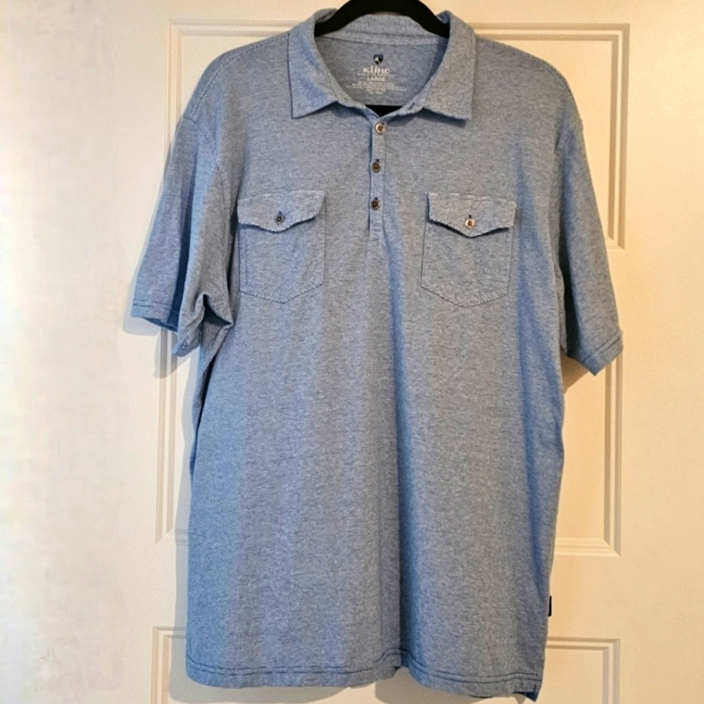 Kuhl Blue and White Striped Polo Shirt with Short Sleeves sz large